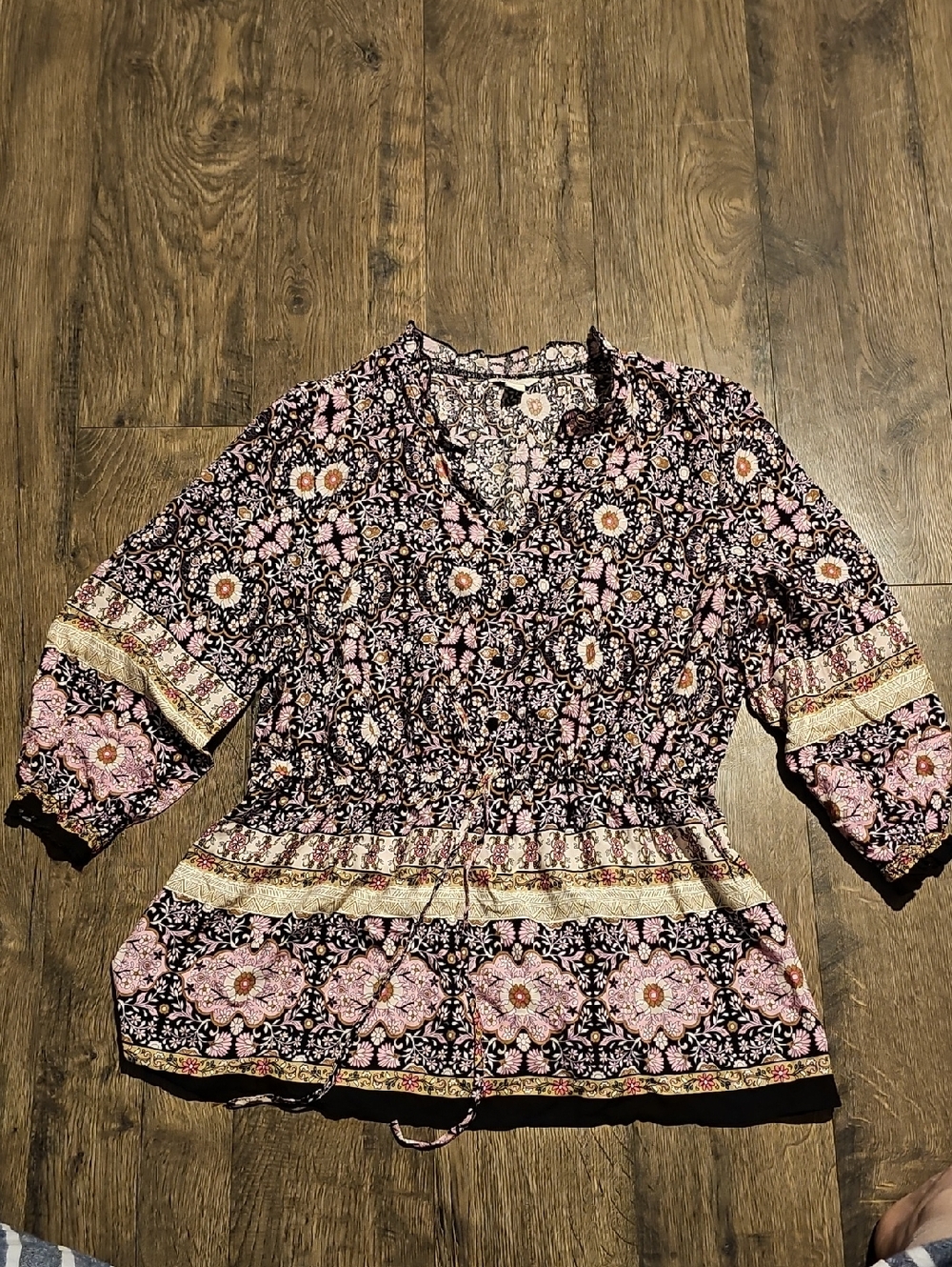 Cato Shirt Bohemian Tunic Black Pink Floral Border 3/4 Sleeve Puffy